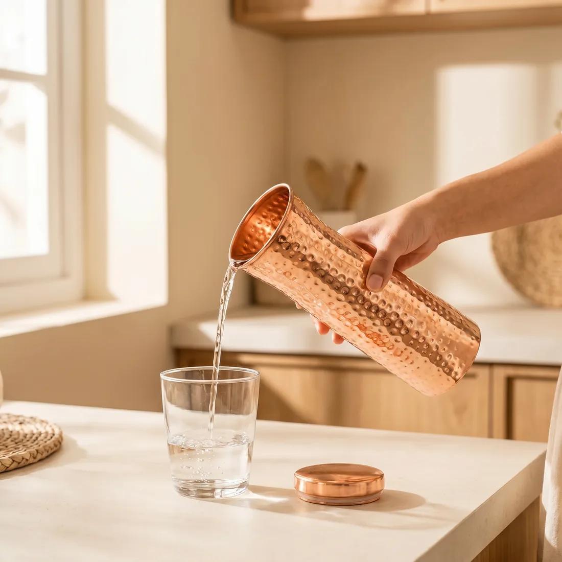 A Coppora hand-hammered copper carafe on a family dinner table.