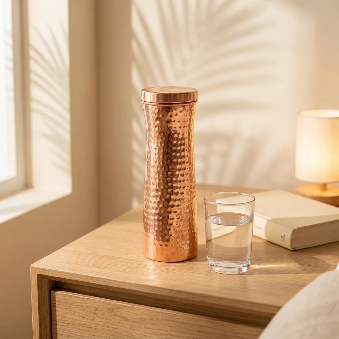 Pouring water from a hand-hammered copper carafe.